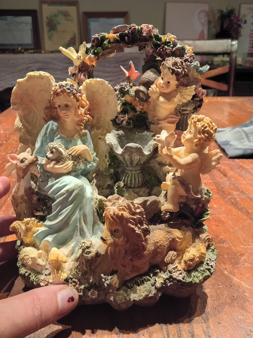 Vintage Angel and Cherub Garden Table Top Water Fountain with Lion - Pastel